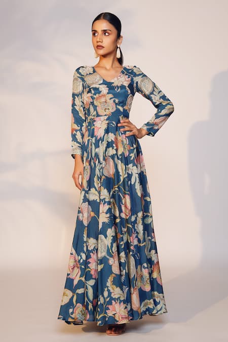 Anu Pellakuru Blue Muslin Silk Printed Floral V Neck Gown 