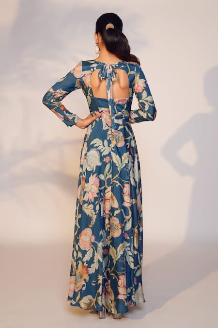 Anu Pellakuru Floral Print V Neck Gown 