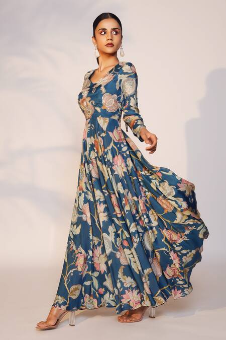 Anu Pellakuru Blue Muslin, Silk Embroidery, Pearls, Zari V-neck Floral Print V Gown Online at Aza Fashions Anu Pellakuru_Blue Muslin, Silk Embroidery, Pearls, Zari V-neck Floral Print V Gown _Online_at_Aza_Fashions