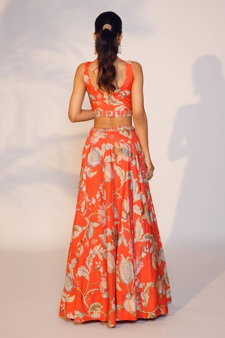 Shop Anu Pellakuru Red Muslin, Silk Embroidery, Sequins Floral Print Flared Lehenga With Blouse at Aza Fashions Shop_Anu Pellakuru_Red Muslin, Silk Embroidery, Sequins Floral Print Flared Lehenga With Blouse _at_Aza_Fashions