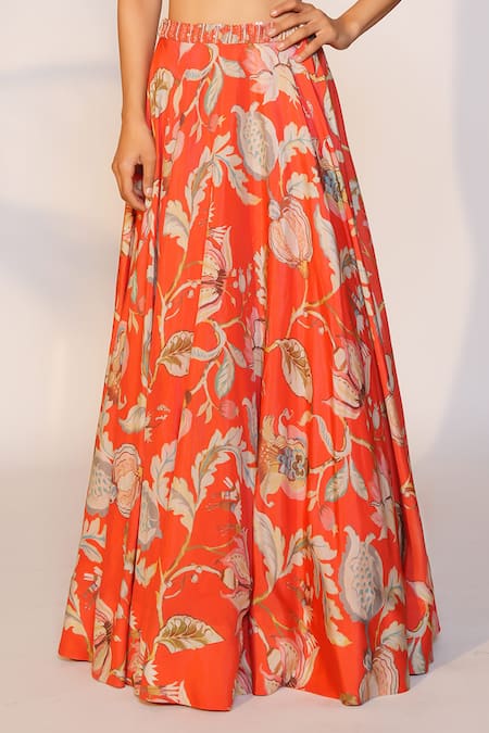 Anu Pellakuru Red Muslin, Silk Embroidery, Sequins Floral Print Flared Lehenga With Blouse Online at Aza Fashions Anu Pellakuru_Red Muslin, Silk Embroidery, Sequins Floral Print Flared Lehenga With Blouse _Online_at_Aza_Fashions