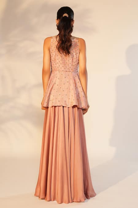 Shop Anu Pellakuru Peach Tissue, Satin Cut Work, Pearls Hand Embroidered Peplum Top And Palazzo Set at Aza Fashions Shop_Anu Pellakuru_Peach Tissue, Satin Cut Work, Pearls Hand Embroidered Peplum Top And Palazzo Set _at_Aza_Fashions