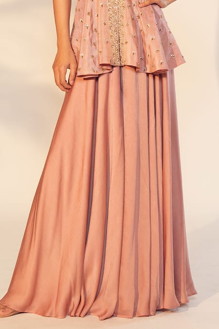 Anu Pellakuru Peach Tissue, Satin Cut Work, Pearls Hand Embroidered Peplum Top And Palazzo Set Online at Aza Fashions Anu Pellakuru_Peach Tissue, Satin Cut Work, Pearls Hand Embroidered Peplum Top And Palazzo Set _Online_at_Aza_Fashions