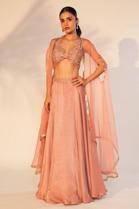 Anu Pellakuru Peach Satin, Organza Cut Work, Pearls Hand Embroidered Blouse Lehenga Set Online at Aza Fashions Anu Pellakuru_Peach Satin, Organza Cut Work, Pearls Hand Embroidered Blouse Lehenga Set _Online_at_Aza_Fashions