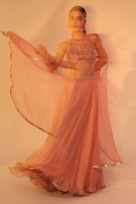 Shop Anu Pellakuru Peach Satin, Organza Cut Work, Pearls Hand Embroidered Blouse Lehenga Set Online at Aza Fashions Shop_Anu Pellakuru_Peach Satin, Organza Cut Work, Pearls Hand Embroidered Blouse Lehenga Set _Online_at_Aza_Fashions