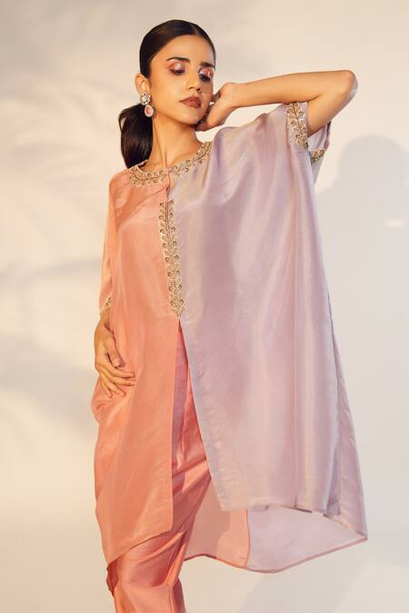 Anu Pellakuru Peach Tissue Sequins, Beads Round Neck Hand Embroidered Kaftan And Pant Set Online at Aza Fashions Anu Pellakuru_Peach Tissue Sequins, Beads Round Neck Hand Embroidered Kaftan And Pant Set _Online_at_Aza_Fashions