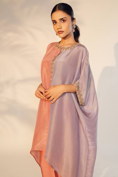 Buy Anu Pellakuru Peach Tissue Sequins, Beads Round Neck Hand Embroidered Kaftan And Pant Set Online at Aza Fashions Buy_Anu Pellakuru_Peach Tissue Sequins, Beads Round Neck Hand Embroidered Kaftan And Pant Set _Online_at_Aza_Fashions