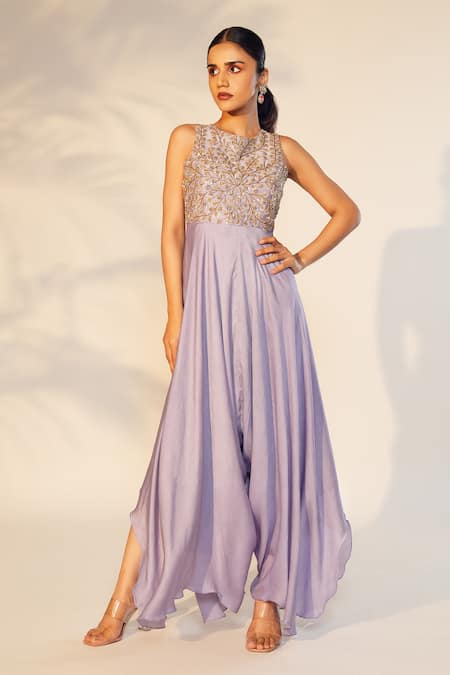 Anu Pellakuru_Purple Satin Embroidery, Pearls Round Neck Hand Jumpsuit _Online_at_Aza_Fashions