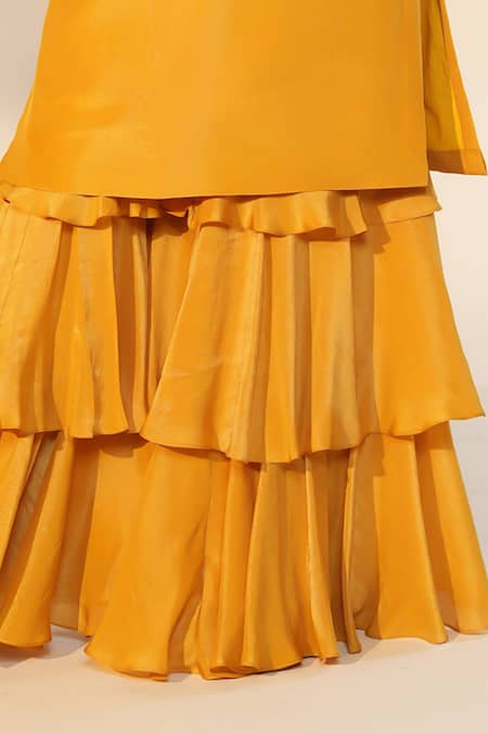 Anu Pellakuru_Yellow Tissue Beads, Cut Work V-neck Yoke Embroidered Kurta And Sharara Set_Online_at_Aza_Fashions