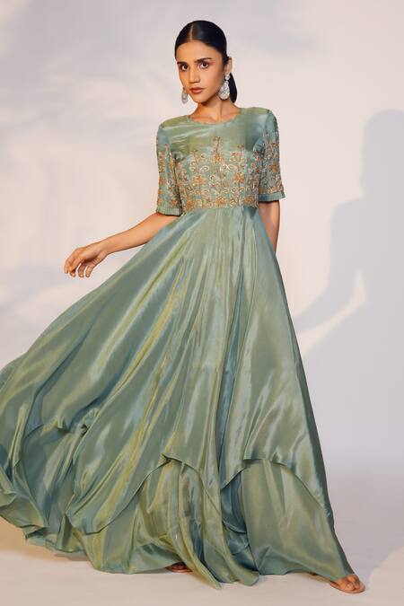 Anu Pellakuru_Green Tissue Sequins, Beads Round Neck Yoke Embroidered Gown _Online_at_Aza_Fashions