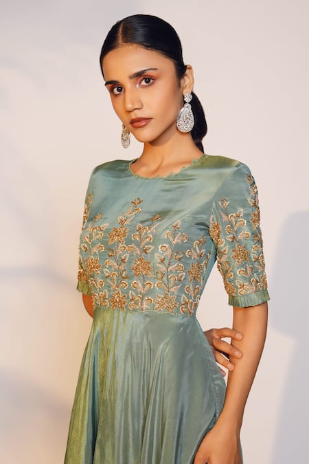 Buy_Anu Pellakuru_Green Tissue Sequins, Beads Round Neck Yoke Embroidered Gown _Online_at_Aza_Fashions