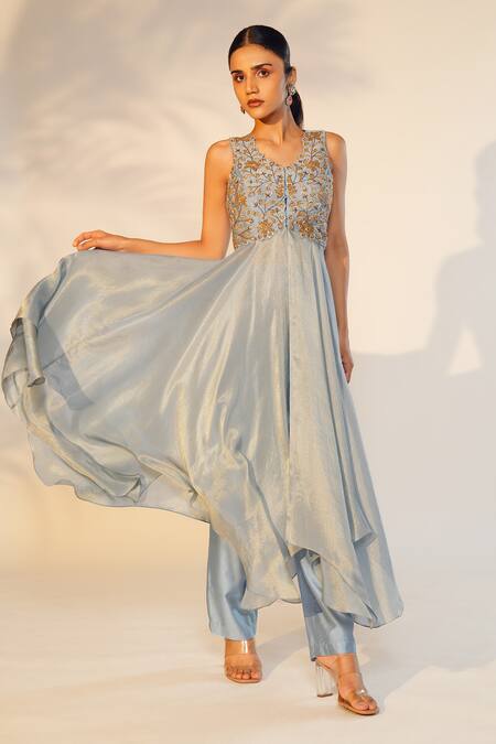 Anu Pellakuru Blue Tissue, Cotton, Denim Cut Work, Embroidery, Pearls Yoke Tunic And Pant Set Online at Aza Fashions Anu Pellakuru_Blue Tissue, Cotton, Denim Cut Work, Embroidery, Pearls Yoke Tunic And Pant Set _Online_at_Aza_Fashions