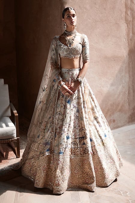 Matsya_Ivory Tissue Hand Embroidered Resham Shikargah Bridal Lehenga Set  _Online_at_Aza_Fashions