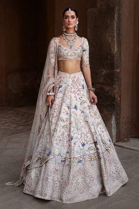 Buy_Matsya_Ivory Tissue Hand Embroidered Resham Shikargah Bridal Lehenga Set  _Online_at_Aza_Fashions