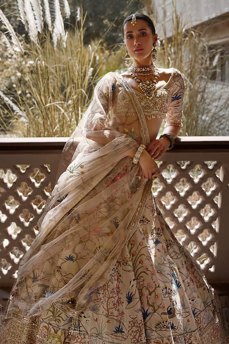 Shop_Matsya_Ivory Tissue Hand Embroidered Resham Shikargah Bridal Lehenga Set  _Online_at_Aza_Fashions