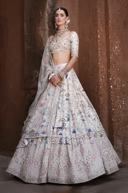 Matsya_Ivory Tissue Hand Embroidered Resham Shikargah Bridal Lehenga Set  _at_Aza_Fashions