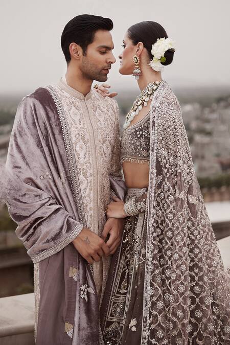 Matsya Brown Velvet Hand Embroidered Dori British Wild Masai Lehenga Set Online at Aza Fashions Matsya_Brown Velvet Hand Embroidered Dori British Wild Masai Lehenga Set _Online_at_Aza_Fashions