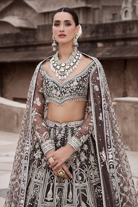 Shop Matsya Brown Velvet Hand Embroidered Dori British Wild Masai Lehenga Set Online at Aza Fashions Shop_Matsya_Brown Velvet Hand Embroidered Dori British Wild Masai Lehenga Set _Online_at_Aza_Fashions