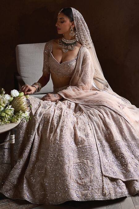 Matsya Peach Tissue Hand Embroidered Dori Broad Leaf Neck Masai Landscape Lehenga Set Online at Aza Fashions Matsya_Peach Tissue Hand Embroidered Dori Broad Leaf Neck Masai Landscape Lehenga Set _Online_at_Aza_Fashions