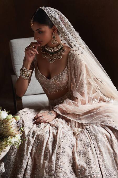 Shop Matsya Peach Tissue Hand Embroidered Dori Broad Leaf Neck Masai Landscape Lehenga Set Online at Aza Fashions Shop_Matsya_Peach Tissue Hand Embroidered Dori Broad Leaf Neck Masai Landscape Lehenga Set _Online_at_Aza_Fashions