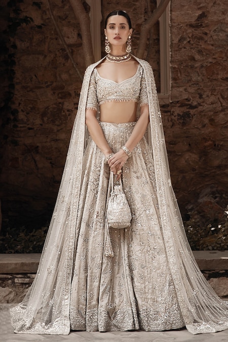 MATSYA Beige Tissue Hand Embroidered Needle Winged Glory Bridal Lehenga Set 