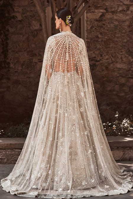 Shop_Matsya_Beige Tissue Embroidery, Pearls, Needle Winged Glory Bridal Lehenga Set _at_Aza_Fashions