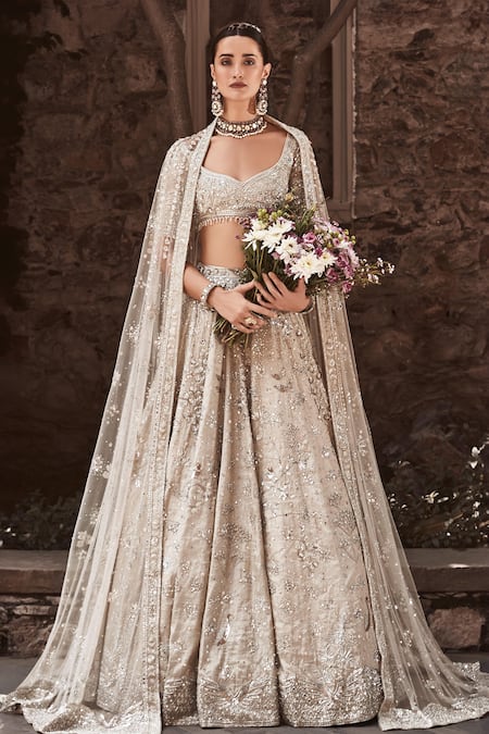 Buy_Matsya_Beige Tissue Embroidery, Pearls, Needle Winged Glory Bridal Lehenga Set _Online_at_Aza_Fashions