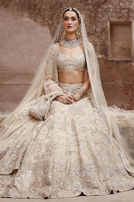 Shop_Matsya_Beige Tissue Sequins, Zari Aurum Udaibagh Dori Embroidered Bridal Lehenga Set _at_Aza_Fashions