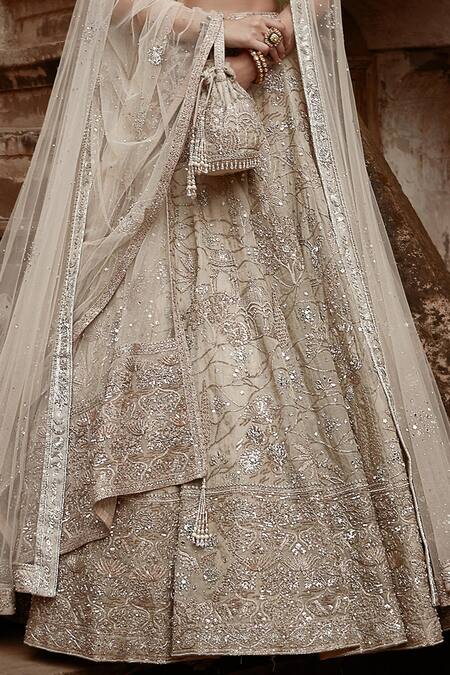 Matsya_Beige Tissue Sequins, Zari Aurum Udaibagh Dori Embroidered Bridal Lehenga Set _Online_at_Aza_Fashions
