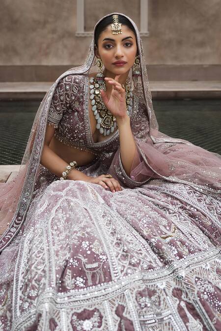 Matsya Pink Velvet, Net French Rose Masai Trinity Embroidered Bridal Lehenga Set Online at Aza Fashions Matsya_Pink Velvet, Net French Rose Masai Trinity Embroidered Bridal Lehenga Set _Online_at_Aza_Fashions
