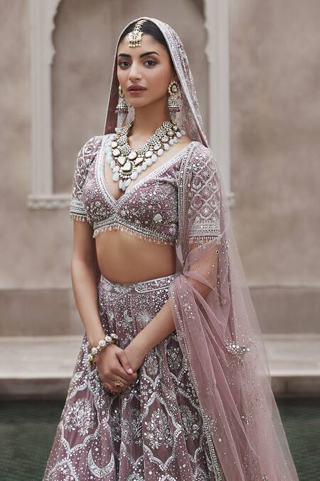 Buy Matsya Pink Velvet, Net French Rose Masai Trinity Embroidered Bridal Lehenga Set Online at Aza Fashions Buy_Matsya_Pink Velvet, Net French Rose Masai Trinity Embroidered Bridal Lehenga Set _Online_at_Aza_Fashions