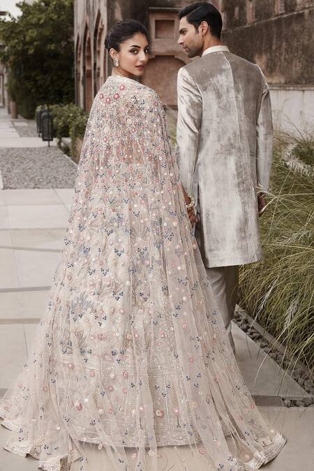 Matsya_Ivory Tissue Sequins, Zari, Garden Of Eden Resham Embroidered Lehenga Set _Online_at_Aza_Fashions
