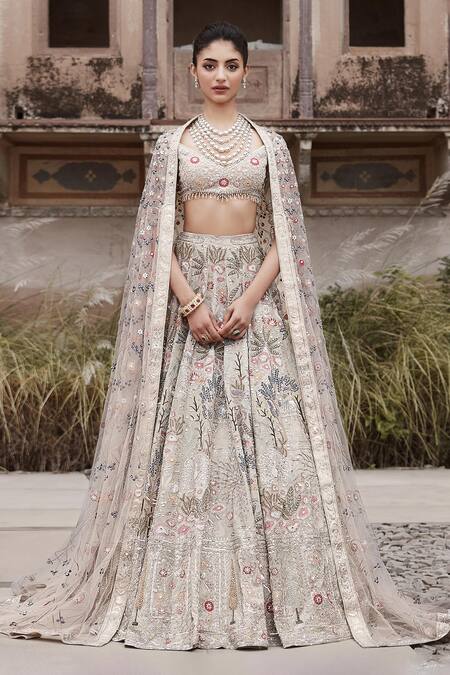 Buy_Matsya_Ivory Tissue Sequins, Zari, Garden Of Eden Resham Embroidered Lehenga Set _Online_at_Aza_Fashions