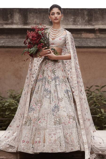 Shop_Matsya_Ivory Tissue Sequins, Zari, Garden Of Eden Resham Embroidered Lehenga Set _Online_at_Aza_Fashions