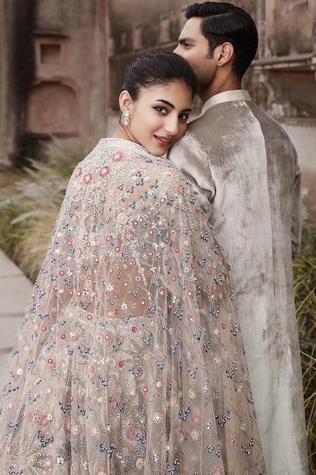 Matsya_Ivory Tissue Sequins, Zari, Garden Of Eden Resham Embroidered Lehenga Set _at_Aza_Fashions