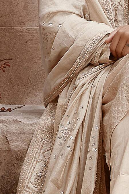 Matsya_Beige Zari Imperial Masai Embroidered Stole _Online_at_Aza_Fashions