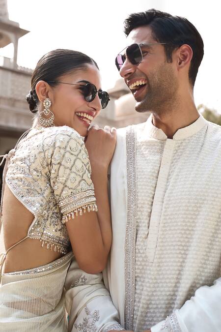 Matsya_Ivory Jacquard Handwoven Geometric Pattern Saada Handloom Kurta Set _Online_at_Aza_Fashions