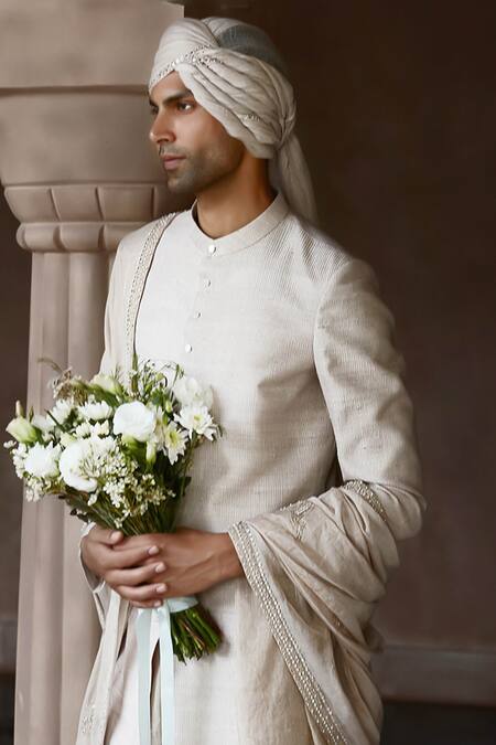 Buy Matsya Off White Raw Silk Hand Embroidered Needle Sherwani Set With Stole Online at Aza Fashions Buy_Matsya_Off White Raw Silk Hand Embroidered Needle Sherwani Set With Stole _Online_at_Aza_Fashions