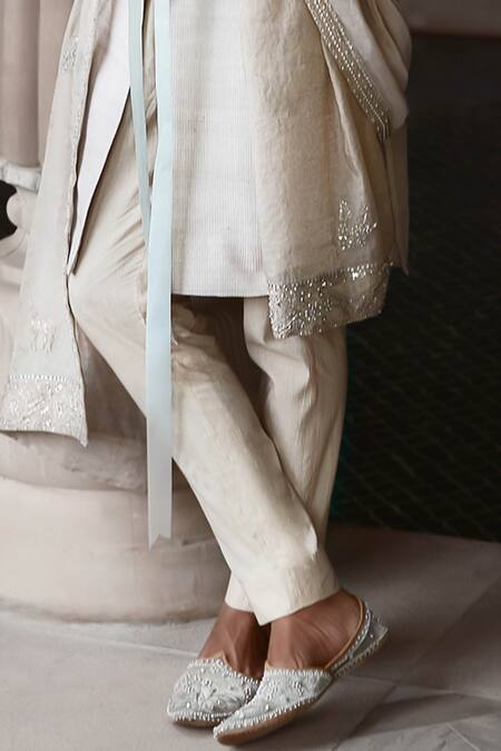 Shop Matsya Off White Raw Silk Hand Embroidered Needle Sherwani Set With Stole Online at Aza Fashions Shop_Matsya_Off White Raw Silk Hand Embroidered Needle Sherwani Set With Stole _Online_at_Aza_Fashions