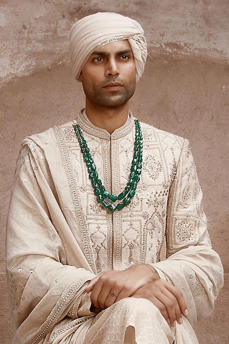 Matsya_Beige Raw Silk Hand Embroidered Dori Imperial Masai Sherwani And Kurta Set _Online_at_Aza_Fashions