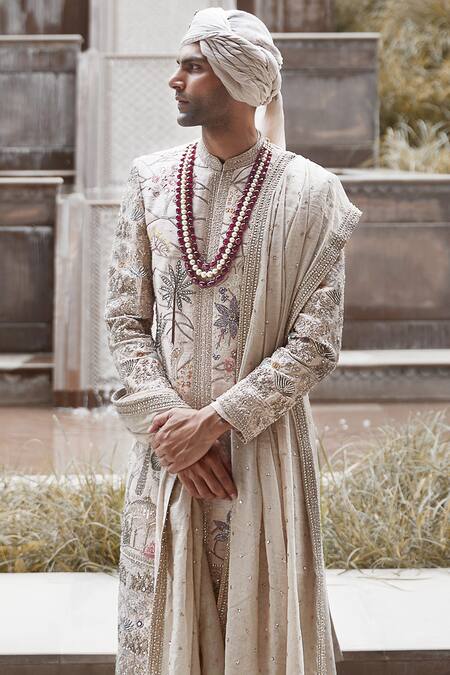 Matsya Cream Raw Silk Hand Embroidered Resham Udaibagh Shikargah Sherwani Set Online at Aza Fashions Matsya_Cream Raw Silk Hand Embroidered Resham Udaibagh Shikargah Sherwani Set _Online_at_Aza_Fashions