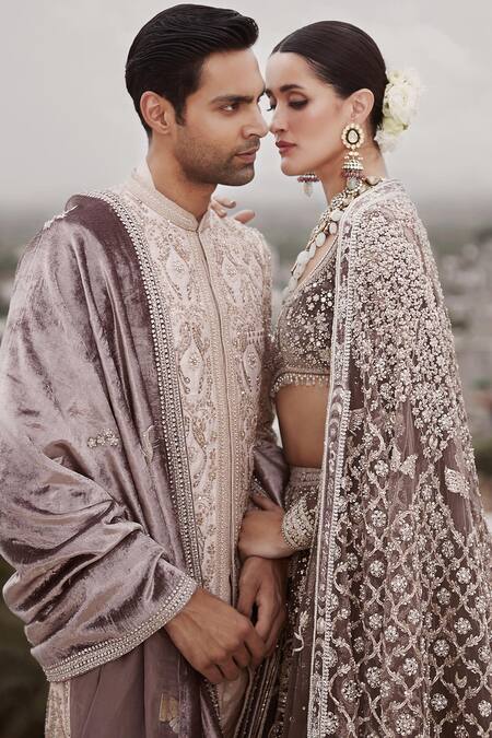 Matsya_Beige Silk Diamonds, Sequins, Royal Amanbagh Dori Embroidered Sherwani Set _Online_at_Aza_Fashions