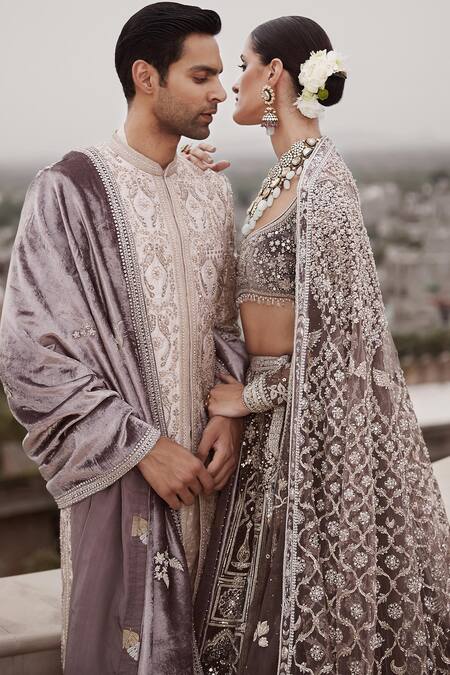 Buy_Matsya_Beige Silk Diamonds, Sequins, Royal Amanbagh Dori Embroidered Sherwani Set _Online_at_Aza_Fashions