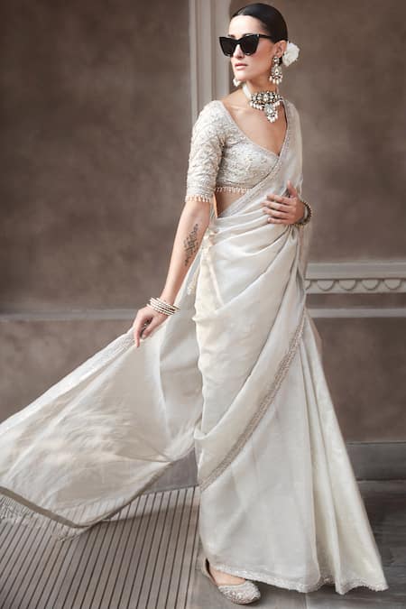 Matsya_Ivory Tissue Zari, Tassels Needle Zardozi Embroidered Blouse And Saree Set _at_Aza_Fashions