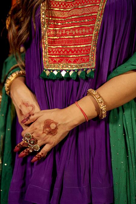 Nimbu Mirchi_Purple Crepe, Chiffon Metallic Thread, Embroidery, Zari, Yoke Kurta Salwar Set _Online_at_Aza_Fashions