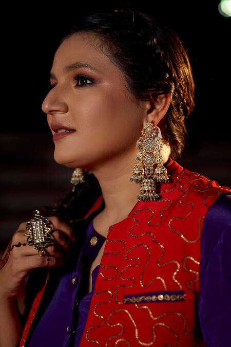 Nimbu Mirchi_Purple Crepe Zari, Metallic Thread, Embroidery Split Jacket Harem Pant Set _Online_at_Aza_Fashions