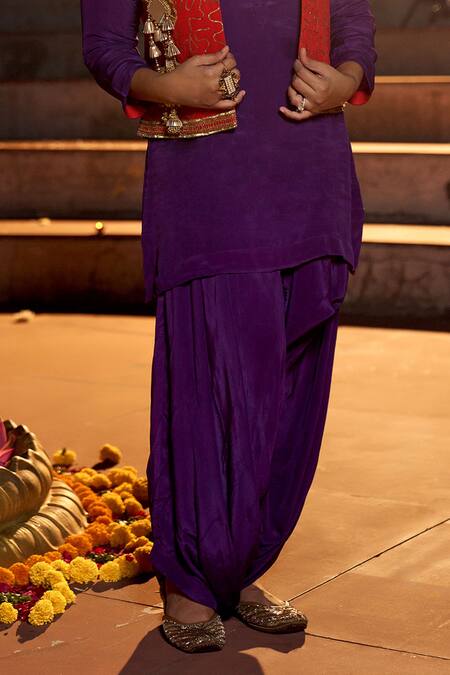 Buy_Nimbu Mirchi_Purple Crepe Zari, Metallic Thread, Embroidery Split Jacket Harem Pant Set _Online_at_Aza_Fashions