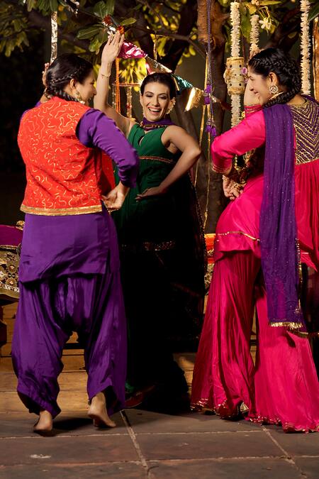 Shop_Nimbu Mirchi_Purple Crepe Zari, Metallic Thread, Embroidery Split Jacket Harem Pant Set _Online_at_Aza_Fashions