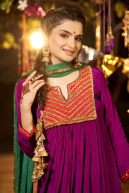 Nimbu Mirchi_Purple Crepe Zari, Sequins, Embroidery Split V-neck Yoke Kurta Salwar Set _Online_at_Aza_Fashions