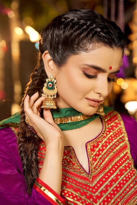 Buy_Nimbu Mirchi_Purple Crepe Zari, Sequins, Embroidery Split V-neck Yoke Kurta Salwar Set _Online_at_Aza_Fashions